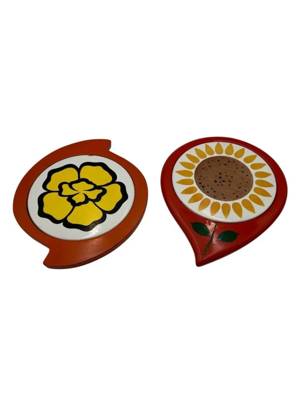 Vintage Floral Trivet Set Mid-Century Modern Kitchen Decor Red & Yellow Accents
